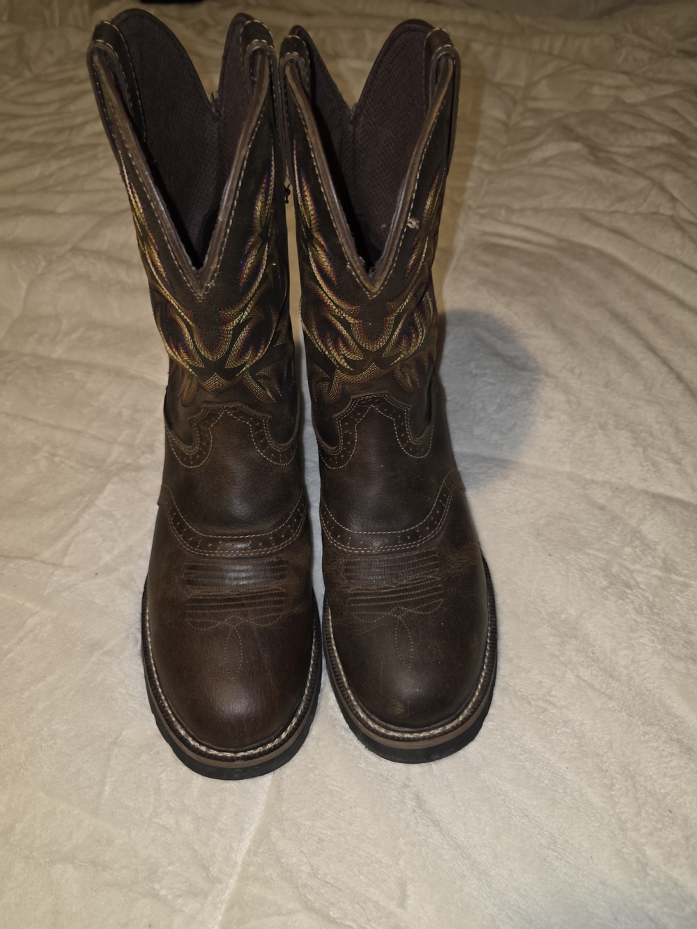 Justins Brown Leather Western Work Boots with Embroidered Shaft